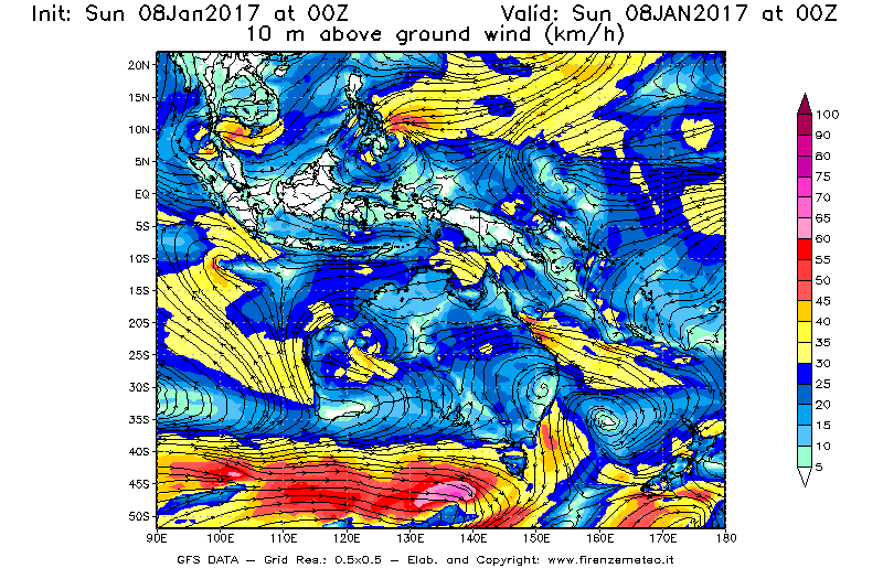 Mappa di analisi GFS - Velocità del vento a 10 metri dal suolo [km/h] in Oceania
							del 08/01/2017 00 <!--googleoff: index-->UTC<!--googleon: index-->
