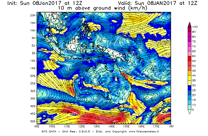 Mappa di analisi GFS - Velocità del vento a 10 metri dal suolo [km/h] in Oceania
							del 08/01/2017 12 <!--googleoff: index-->UTC<!--googleon: index-->