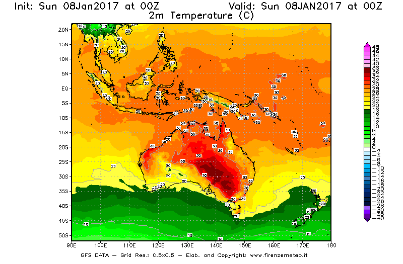 Mappa di analisi GFS - Temperatura a 2 metri dal suolo [°C] in Oceania
							del 08/01/2017 00 <!--googleoff: index-->UTC<!--googleon: index-->