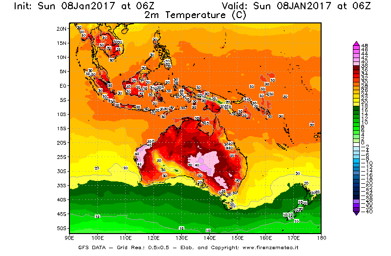Mappa di analisi GFS - Temperatura a 2 metri dal suolo [°C] in Oceania
							del 08/01/2017 06 <!--googleoff: index-->UTC<!--googleon: index-->
