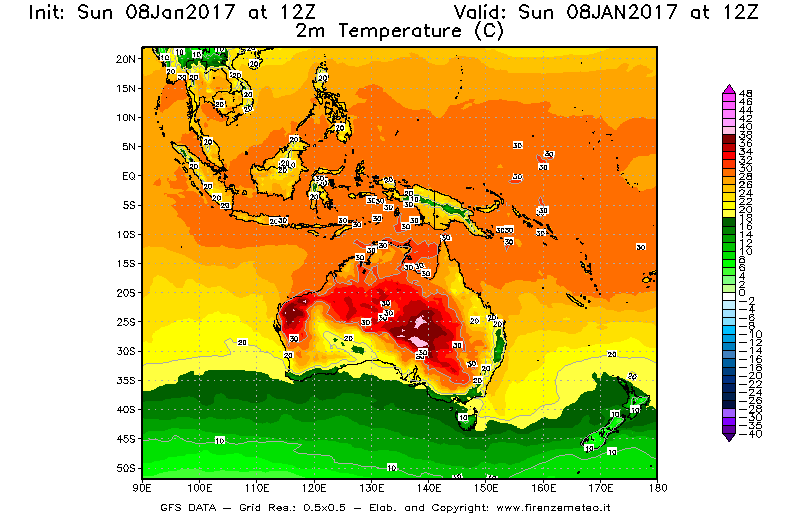Mappa di analisi GFS - Temperatura a 2 metri dal suolo [°C] in Oceania
							del 08/01/2017 12 <!--googleoff: index-->UTC<!--googleon: index-->