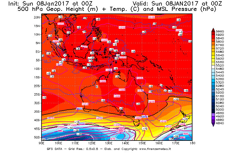 Mappa di analisi GFS - Geopotenziale [m] + Temp. [°C] a 500 hPa + Press. a livello del mare [hPa] in Oceania
							del 08/01/2017 00 <!--googleoff: index-->UTC<!--googleon: index-->