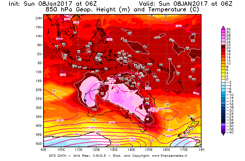 Mappa di analisi GFS - Geopotenziale [m] e Temperatura [°C] a 850 hPa in Oceania
							del 08/01/2017 06 <!--googleoff: index-->UTC<!--googleon: index-->
