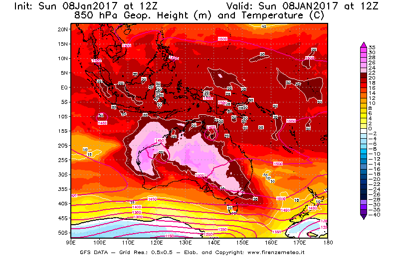 Mappa di analisi GFS - Geopotenziale [m] e Temperatura [°C] a 850 hPa in Oceania
							del 08/01/2017 12 <!--googleoff: index-->UTC<!--googleon: index-->