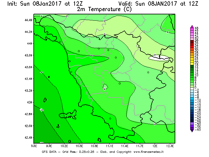 Mappa di analisi GFS - Temperatura a 2 metri dal suolo [°C] in Toscana
							del 08/01/2017 12 <!--googleoff: index-->UTC<!--googleon: index-->