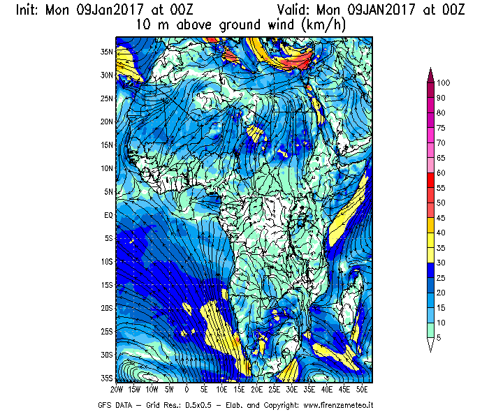 Mappa di analisi GFS - Velocità del vento a 10 metri dal suolo [km/h] in Africa
							del 09/01/2017 00 <!--googleoff: index-->UTC<!--googleon: index-->