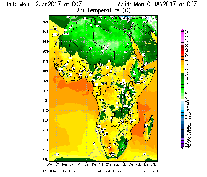 Mappa di analisi GFS - Temperatura a 2 metri dal suolo [°C] in Africa
							del 09/01/2017 00 <!--googleoff: index-->UTC<!--googleon: index-->
