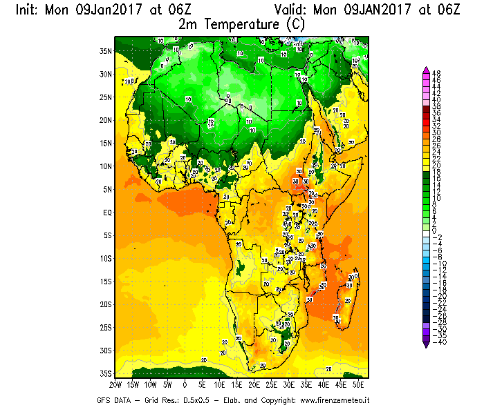 Mappa di analisi GFS - Temperatura a 2 metri dal suolo [°C] in Africa
							del 09/01/2017 06 <!--googleoff: index-->UTC<!--googleon: index-->