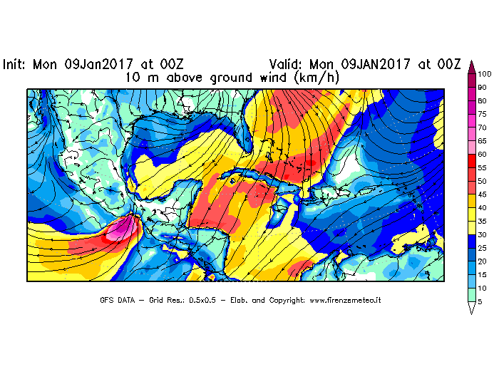 Mappa di analisi GFS - Velocità del vento a 10 metri dal suolo [km/h] in Centro-America
							del 09/01/2017 00 <!--googleoff: index-->UTC<!--googleon: index-->