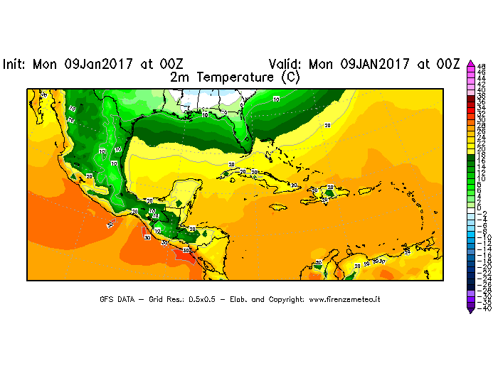 Mappa di analisi GFS - Temperatura a 2 metri dal suolo [°C] in Centro-America
							del 09/01/2017 00 <!--googleoff: index-->UTC<!--googleon: index-->