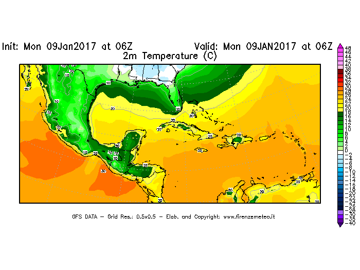 Mappa di analisi GFS - Temperatura a 2 metri dal suolo [°C] in Centro-America
							del 09/01/2017 06 <!--googleoff: index-->UTC<!--googleon: index-->