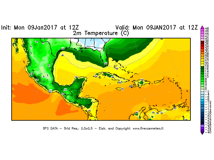 Mappa di analisi GFS - Temperatura a 2 metri dal suolo [°C] in Centro-America
							del 09/01/2017 12 <!--googleoff: index-->UTC<!--googleon: index-->
