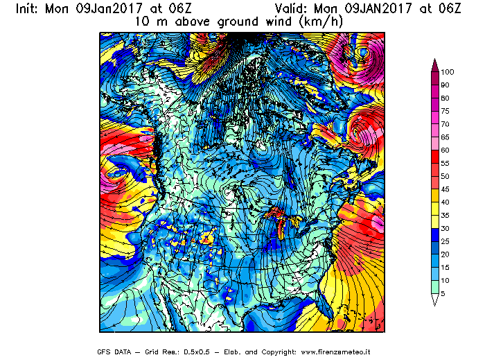 Mappa di analisi GFS - Velocità del vento a 10 metri dal suolo [km/h] in Nord-America
							del 09/01/2017 06 <!--googleoff: index-->UTC<!--googleon: index-->