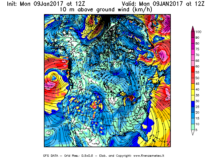 Mappa di analisi GFS - Velocità del vento a 10 metri dal suolo [km/h] in Nord-America
							del 09/01/2017 12 <!--googleoff: index-->UTC<!--googleon: index-->