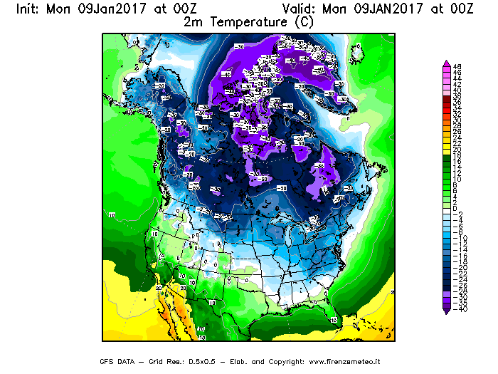 Mappa di analisi GFS - Temperatura a 2 metri dal suolo [°C] in Nord-America
							del 09/01/2017 00 <!--googleoff: index-->UTC<!--googleon: index-->