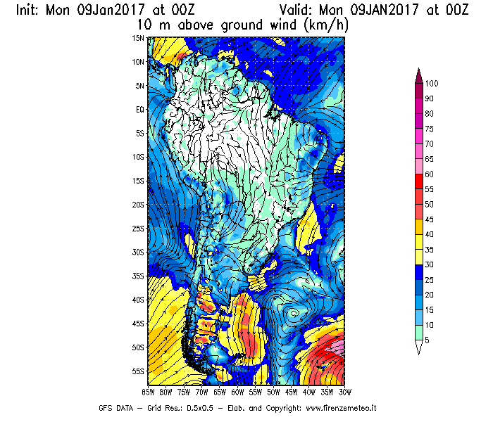 Mappa di analisi GFS - Velocità del vento a 10 metri dal suolo [km/h] in Sud-America
							del 09/01/2017 00 <!--googleoff: index-->UTC<!--googleon: index-->