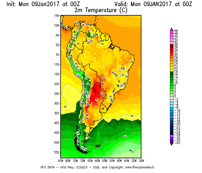 Mappa di analisi GFS - Temperatura a 2 metri dal suolo [°C] in Sud-America
							del 09/01/2017 00 <!--googleoff: index-->UTC<!--googleon: index-->