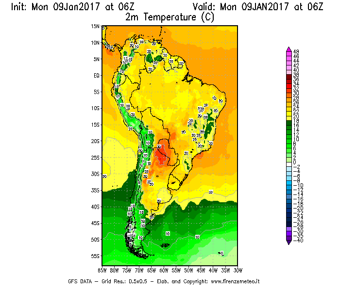 Mappa di analisi GFS - Temperatura a 2 metri dal suolo [°C] in Sud-America
							del 09/01/2017 06 <!--googleoff: index-->UTC<!--googleon: index-->