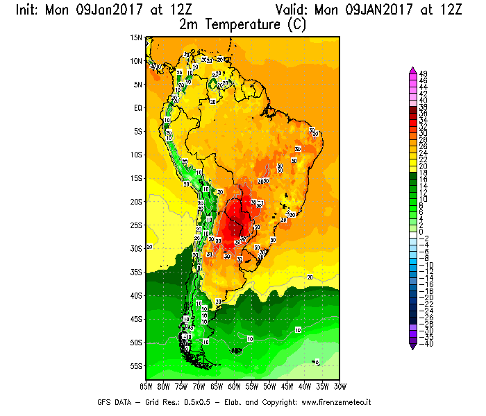Mappa di analisi GFS - Temperatura a 2 metri dal suolo [°C] in Sud-America
							del 09/01/2017 12 <!--googleoff: index-->UTC<!--googleon: index-->