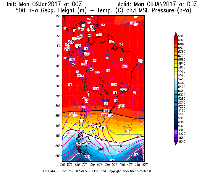 Mappa di analisi GFS - Geopotenziale [m] + Temp. [°C] a 500 hPa + Press. a livello del mare [hPa] in Sud-America
							del 09/01/2017 00 <!--googleoff: index-->UTC<!--googleon: index-->