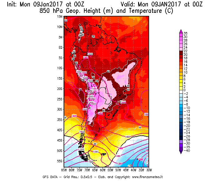 Mappa di analisi GFS - Geopotenziale [m] e Temperatura [°C] a 850 hPa in Sud-America
							del 09/01/2017 00 <!--googleoff: index-->UTC<!--googleon: index-->