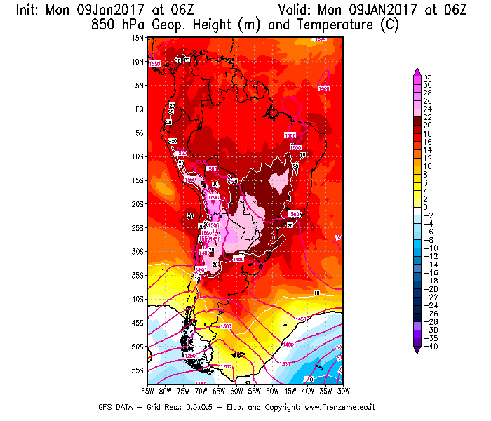 Mappa di analisi GFS - Geopotenziale [m] e Temperatura [°C] a 850 hPa in Sud-America
							del 09/01/2017 06 <!--googleoff: index-->UTC<!--googleon: index-->