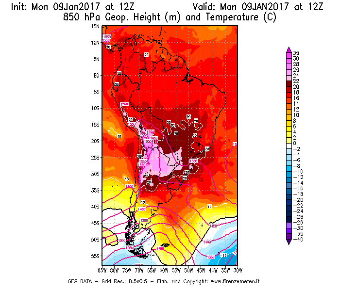 Mappa di analisi GFS - Geopotenziale [m] e Temperatura [°C] a 850 hPa in Sud-America
							del 09/01/2017 12 <!--googleoff: index-->UTC<!--googleon: index-->