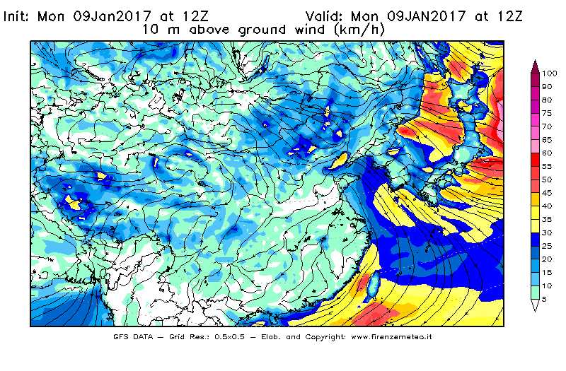 Mappa di analisi GFS - Velocità del vento a 10 metri dal suolo [km/h] in Asia Orientale
							del 09/01/2017 12 <!--googleoff: index-->UTC<!--googleon: index-->