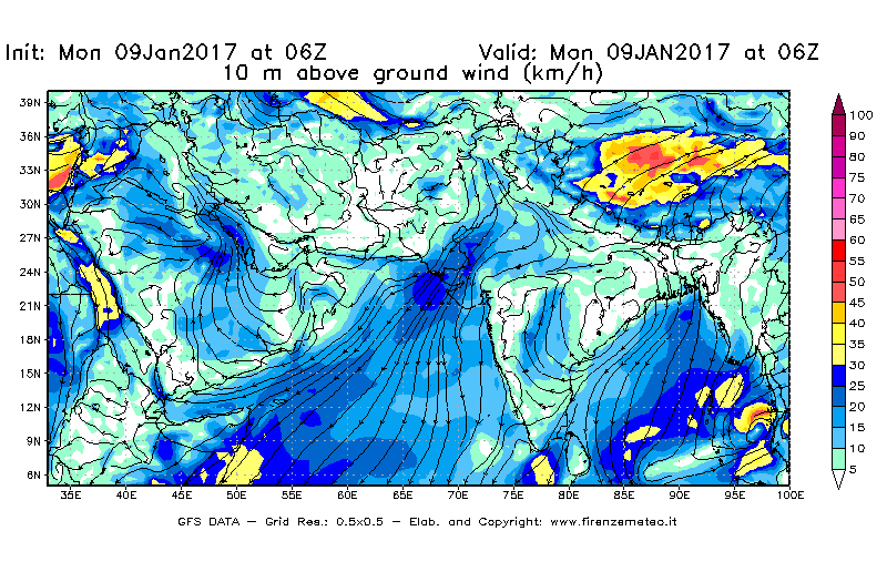 Mappa di analisi GFS - Velocità del vento a 10 metri dal suolo [km/h] in Asia Sud-Occidentale
							del 09/01/2017 06 <!--googleoff: index-->UTC<!--googleon: index-->