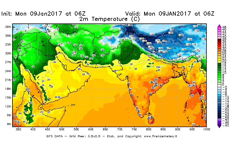 Mappa di analisi GFS - Temperatura a 2 metri dal suolo [°C] in Asia Sud-Occidentale
							del 09/01/2017 06 <!--googleoff: index-->UTC<!--googleon: index-->