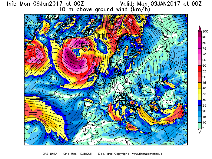 Mappa di analisi GFS - Velocità del vento a 10 metri dal suolo [km/h] in Europa
							del 09/01/2017 00 <!--googleoff: index-->UTC<!--googleon: index-->