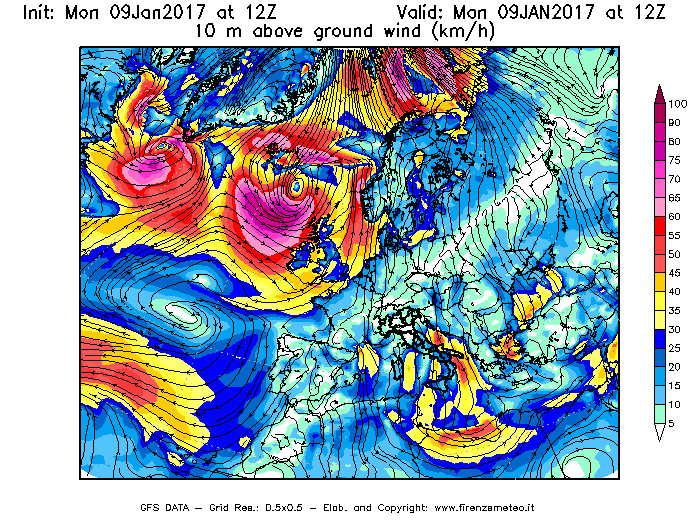 Mappa di analisi GFS - Velocità del vento a 10 metri dal suolo [km/h] in Europa
							del 09/01/2017 12 <!--googleoff: index-->UTC<!--googleon: index-->