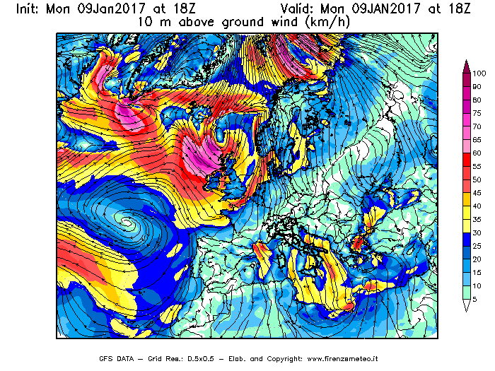 Mappa di analisi GFS - Velocità del vento a 10 metri dal suolo [km/h] in Europa
							del 09/01/2017 18 <!--googleoff: index-->UTC<!--googleon: index-->