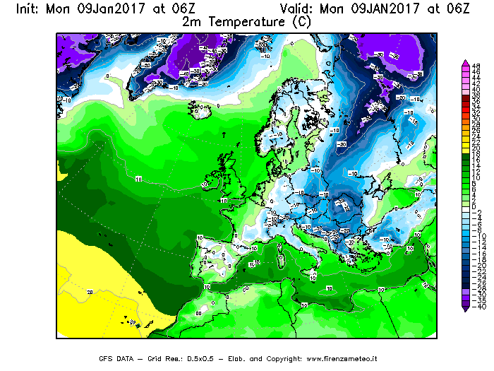 Mappa di analisi GFS - Temperatura a 2 metri dal suolo [°C] in Europa
							del 09/01/2017 06 <!--googleoff: index-->UTC<!--googleon: index-->