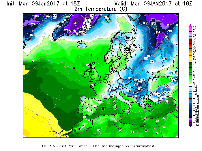 Mappa di analisi GFS - Temperatura a 2 metri dal suolo [°C] in Europa
							del 09/01/2017 18 <!--googleoff: index-->UTC<!--googleon: index-->