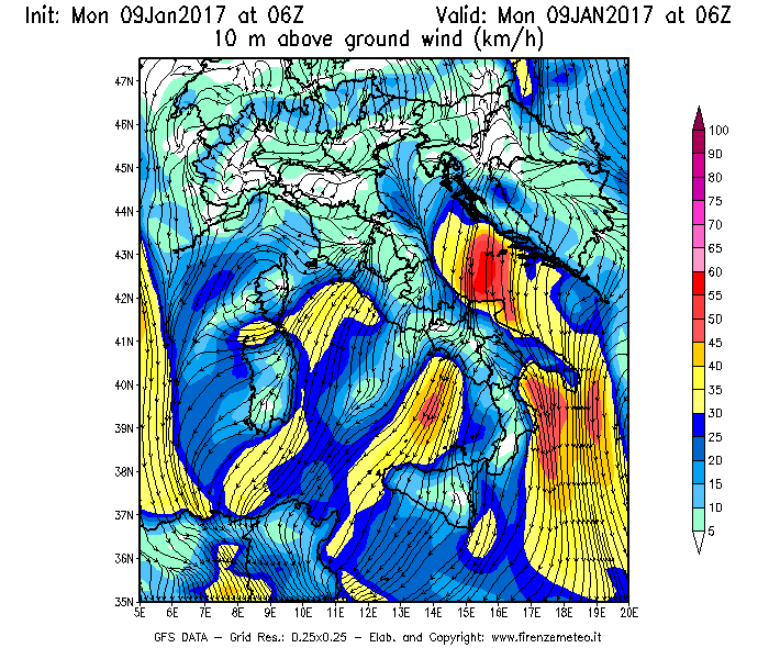 Mappa di analisi GFS - Velocità del vento a 10 metri dal suolo [km/h] in Italia
							del 09/01/2017 06 <!--googleoff: index-->UTC<!--googleon: index-->