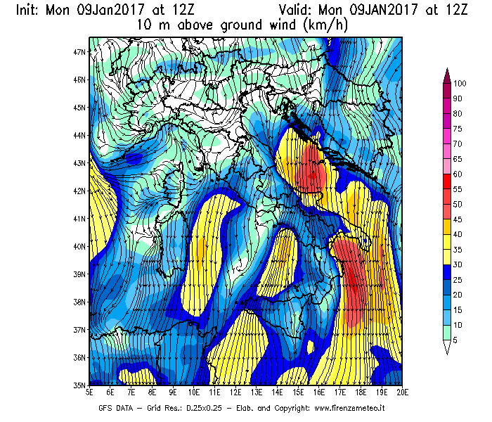 Mappa di analisi GFS - Velocità del vento a 10 metri dal suolo [km/h] in Italia
							del 09/01/2017 12 <!--googleoff: index-->UTC<!--googleon: index-->
