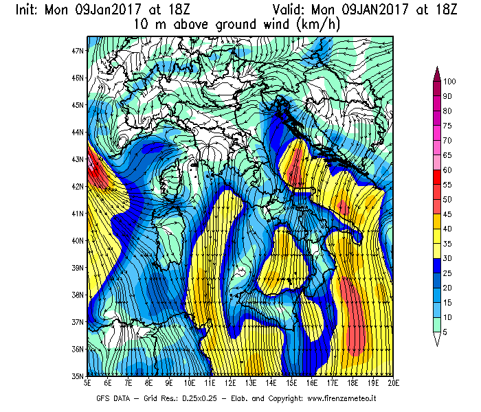 Mappa di analisi GFS - Velocità del vento a 10 metri dal suolo [km/h] in Italia
							del 09/01/2017 18 <!--googleoff: index-->UTC<!--googleon: index-->