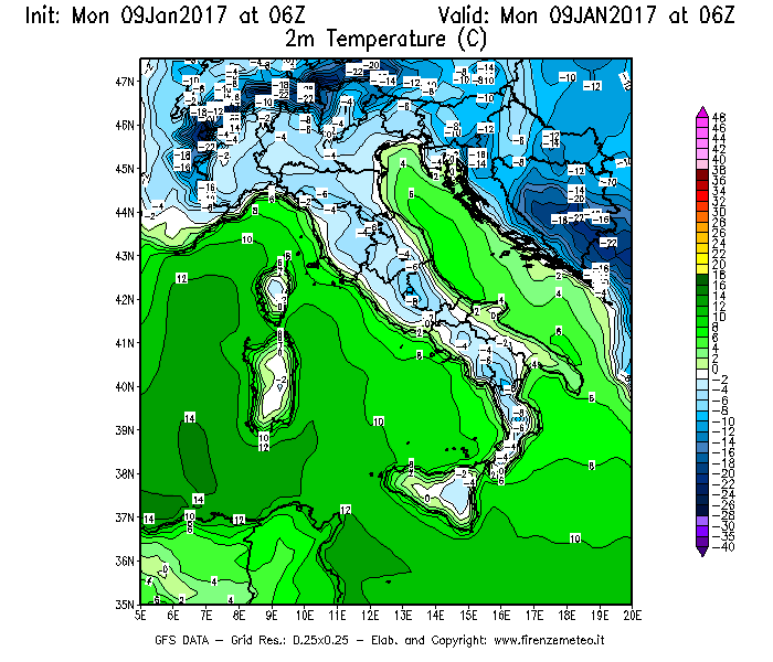 Mappa di analisi GFS - Temperatura a 2 metri dal suolo [°C] in Italia
							del 09/01/2017 06 <!--googleoff: index-->UTC<!--googleon: index-->