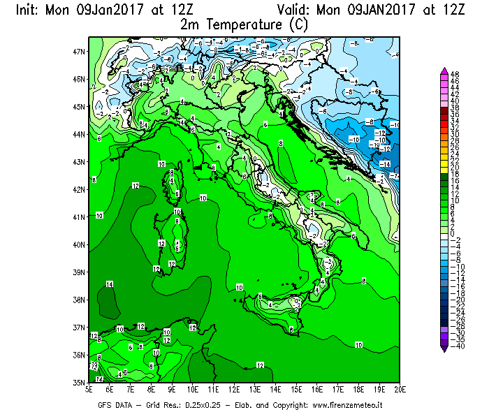 Mappa di analisi GFS - Temperatura a 2 metri dal suolo [°C] in Italia
							del 09/01/2017 12 <!--googleoff: index-->UTC<!--googleon: index-->
