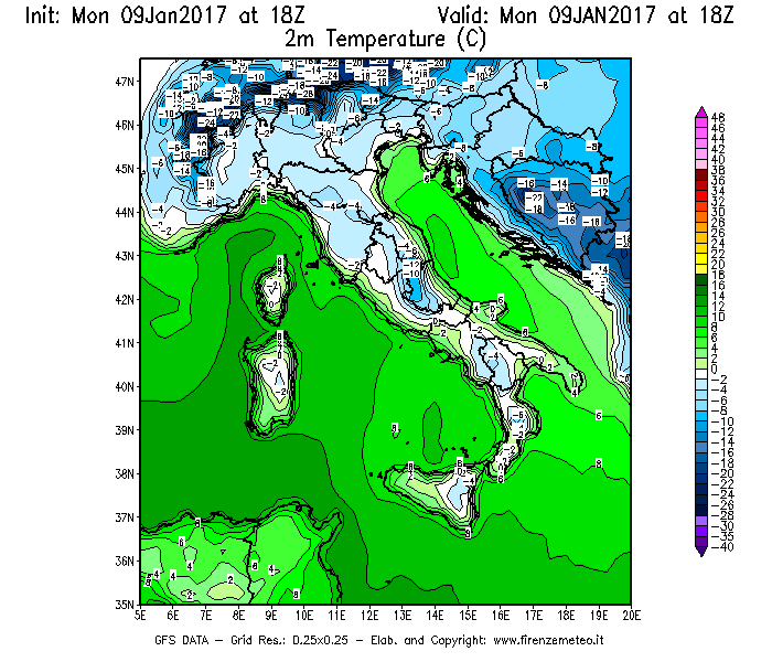 Mappa di analisi GFS - Temperatura a 2 metri dal suolo [°C] in Italia
							del 09/01/2017 18 <!--googleoff: index-->UTC<!--googleon: index-->