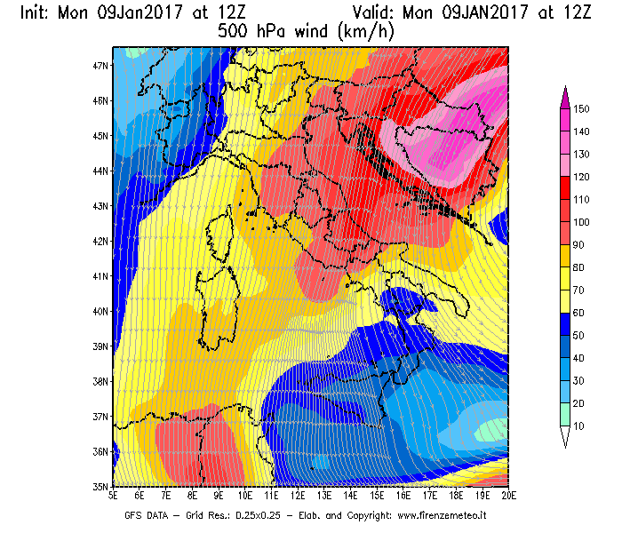 Mappa di analisi GFS - Velocità del vento a 500 hPa [km/h] in Italia
							del 09/01/2017 12 <!--googleoff: index-->UTC<!--googleon: index-->