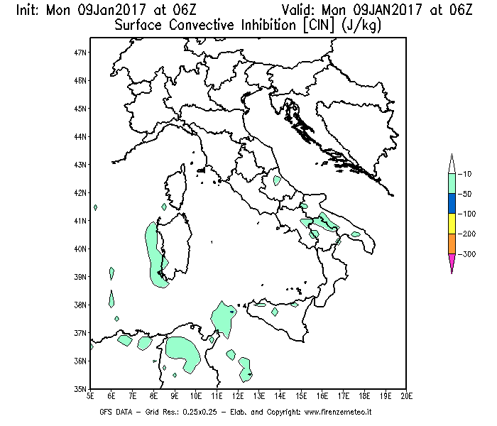 Mappa di analisi GFS - CIN [J/kg] in Italia
							del 09/01/2017 06 <!--googleoff: index-->UTC<!--googleon: index-->