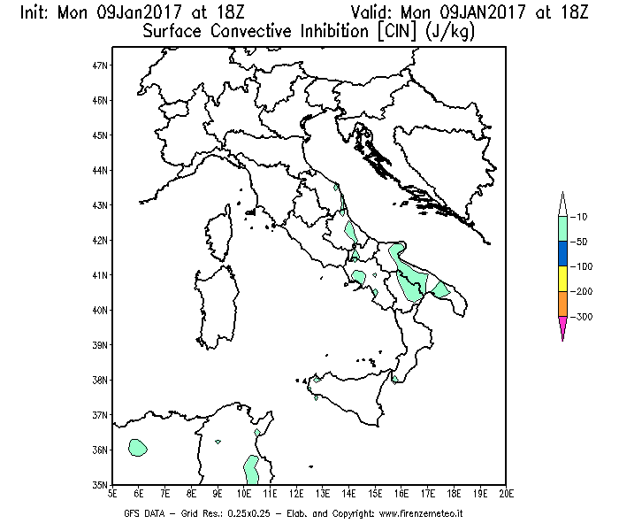 Mappa di analisi GFS - CIN [J/kg] in Italia
							del 09/01/2017 18 <!--googleoff: index-->UTC<!--googleon: index-->