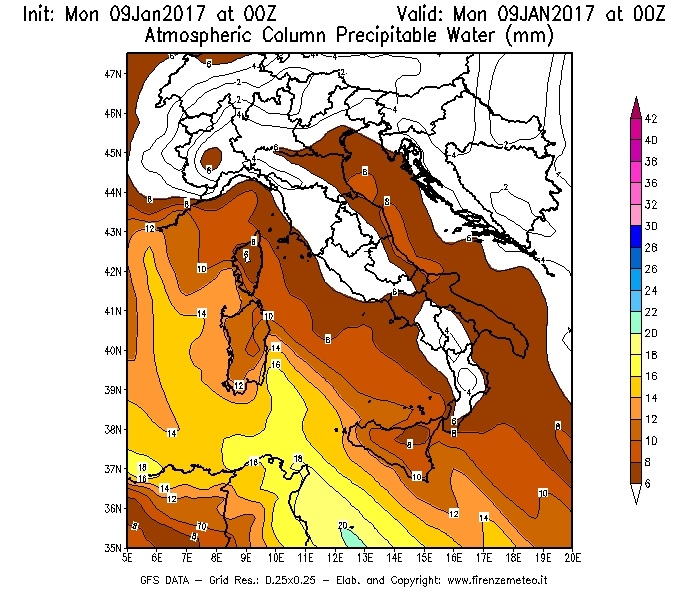 Mappa di analisi GFS - Precipitable Water [mm] in Italia
							del 09/01/2017 00 <!--googleoff: index-->UTC<!--googleon: index-->