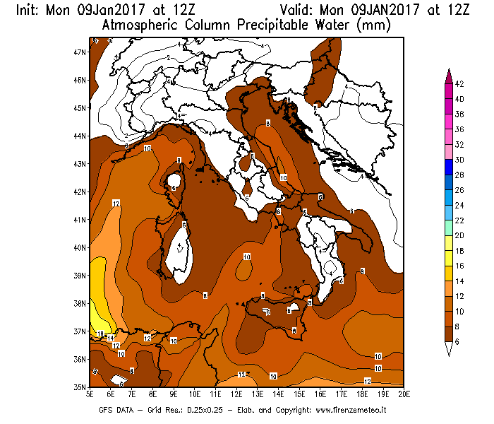 Mappa di analisi GFS - Precipitable Water [mm] in Italia
							del 09/01/2017 12 <!--googleoff: index-->UTC<!--googleon: index-->