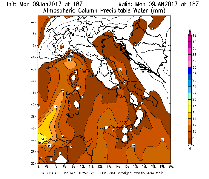 Mappa di analisi GFS - Precipitable Water [mm] in Italia
							del 09/01/2017 18 <!--googleoff: index-->UTC<!--googleon: index-->