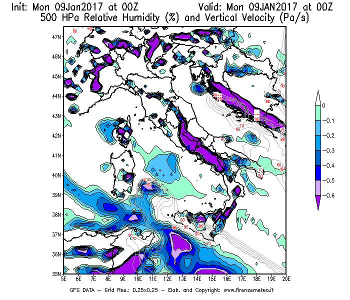 Mappa di analisi GFS - Umidità relativa [%] e Omega [Pa/s] a 500 hPa in Italia
							del 09/01/2017 00 <!--googleoff: index-->UTC<!--googleon: index-->