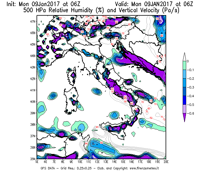 Mappa di analisi GFS - Umidità relativa [%] e Omega [Pa/s] a 500 hPa in Italia
							del 09/01/2017 06 <!--googleoff: index-->UTC<!--googleon: index-->