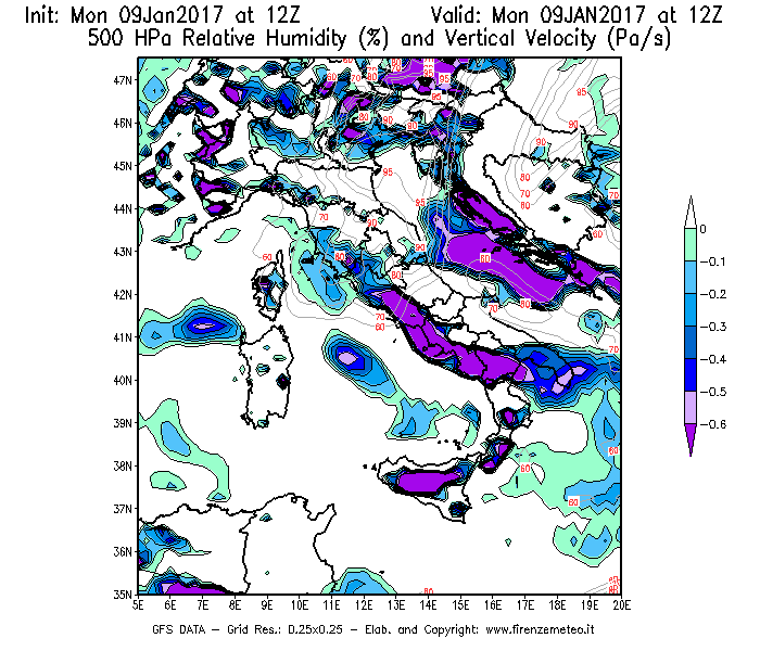 Mappa di analisi GFS - Umidità relativa [%] e Omega [Pa/s] a 500 hPa in Italia
							del 09/01/2017 12 <!--googleoff: index-->UTC<!--googleon: index-->